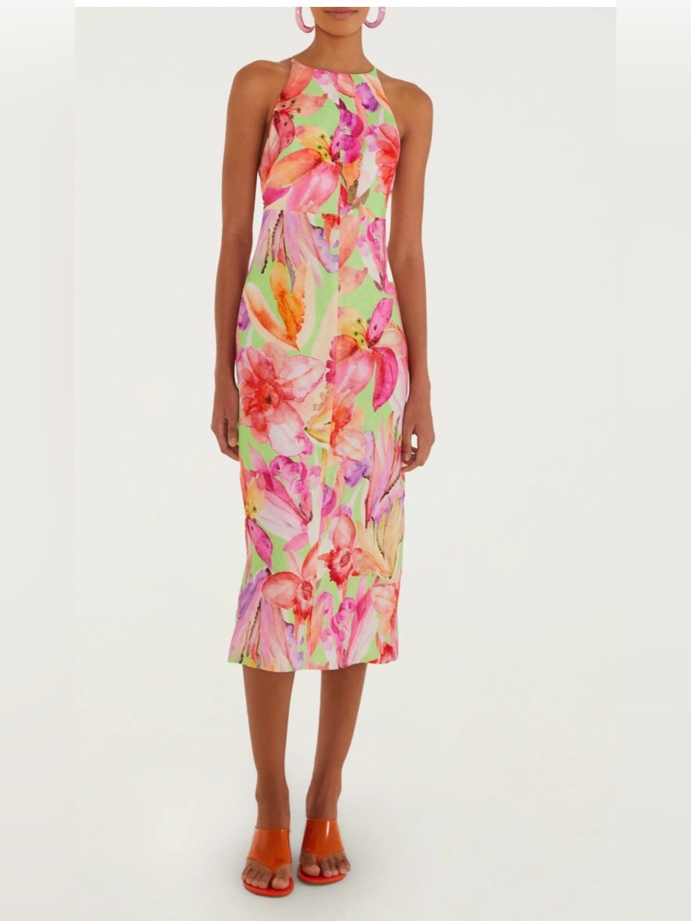FARM Rio Neon Floral Halter Midi Dress in Pink, Green & Orange